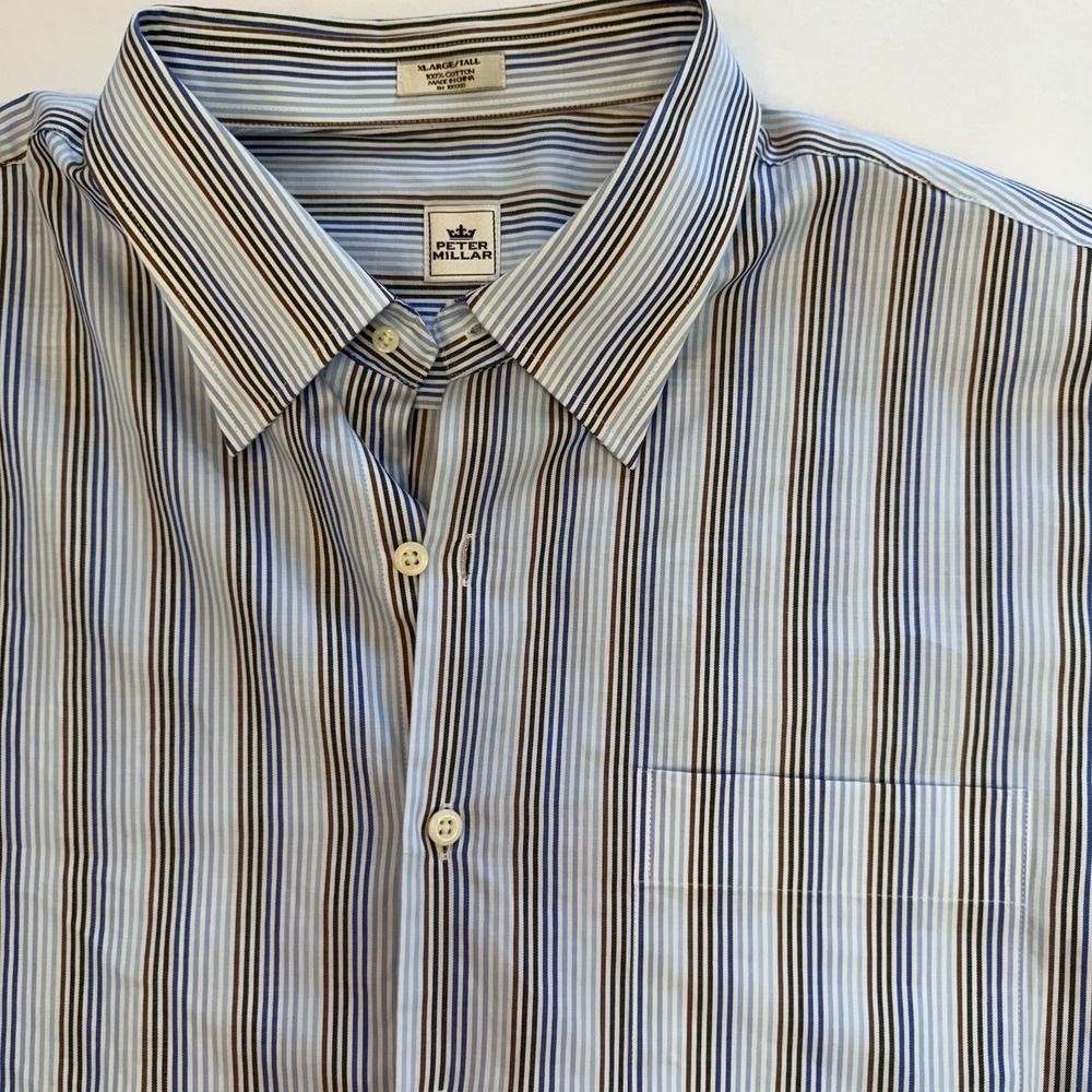 Peter Millar Men's XL Tall Blue‎ Brown Striped Button Down Shirt Classic Office